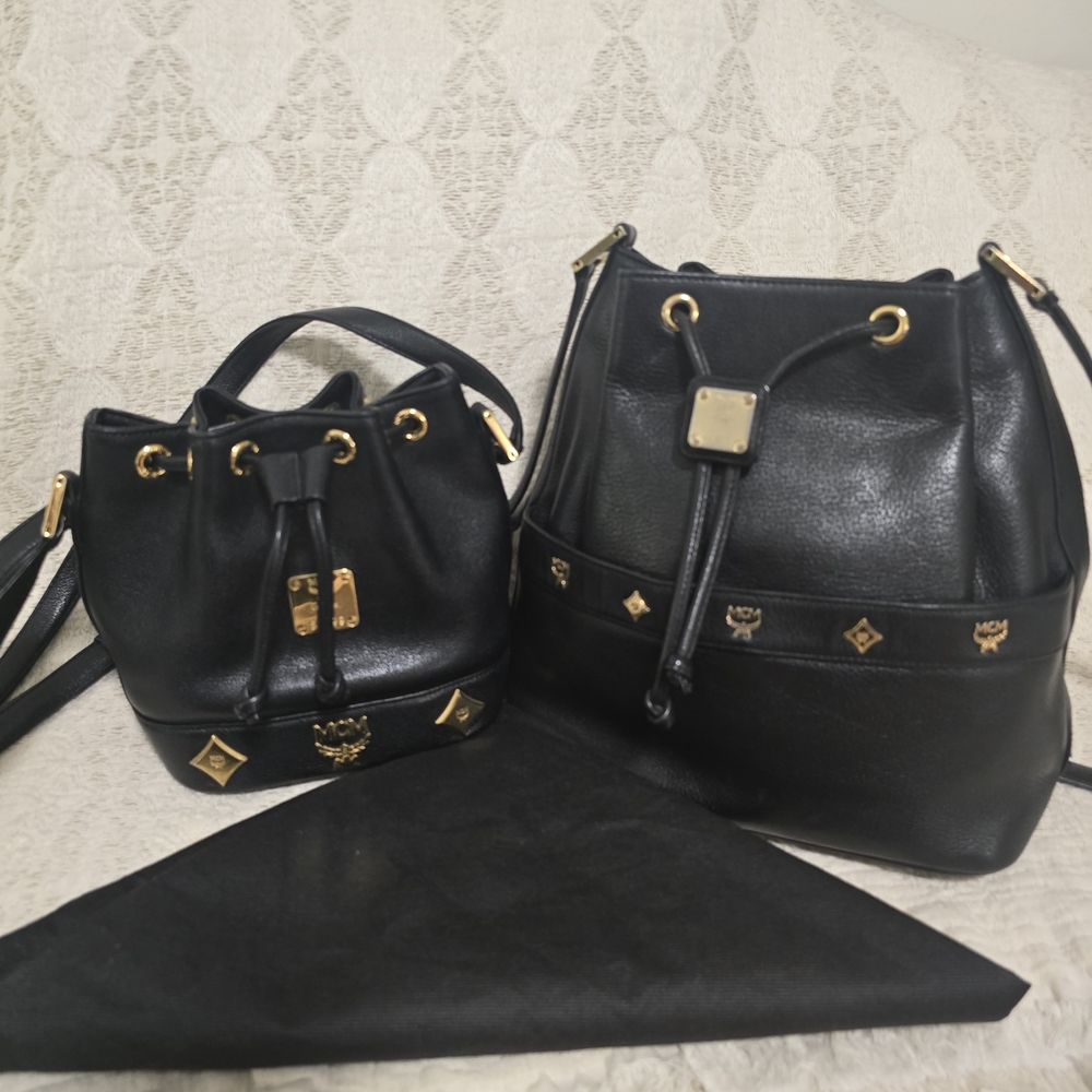 MCM Black Leather Bucket Bag Set